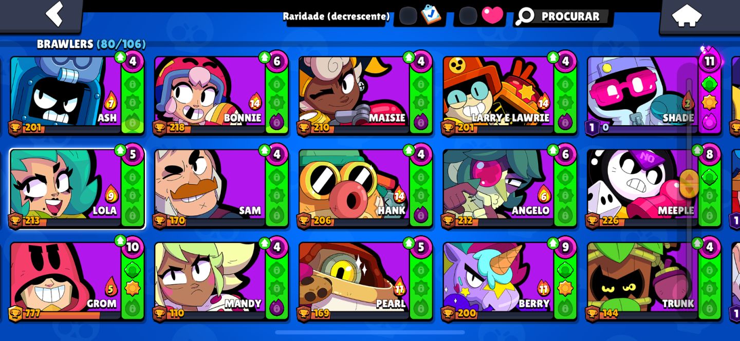 CONTA BRAWL STARS: 36K Troféus 80 Brawlers Vários Nível 11 56k Moedas e 325 Gema