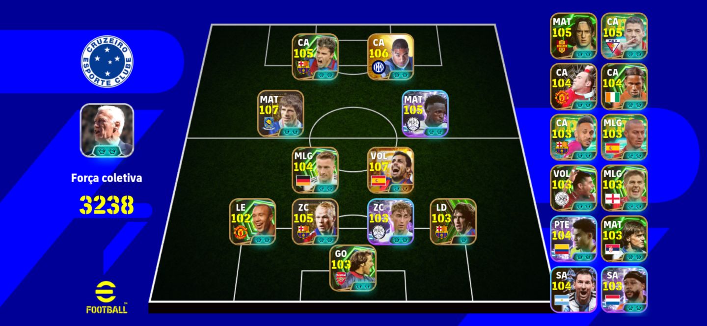 Conta top de efootball mobile com Adriano, Zola e Vini Jr.