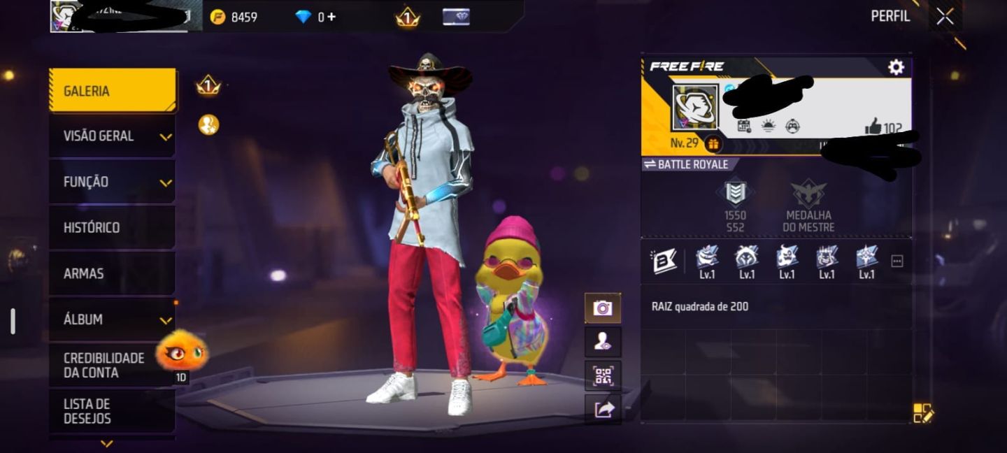 Conta Free Fire Nível 29 - Visual Caveira + Moto + Pet