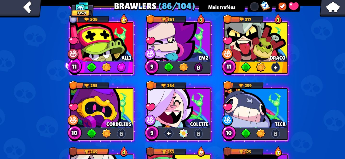 Conta de brawl stars full acesso 86 brawlers com 29 hypercargas e 15 prestigios