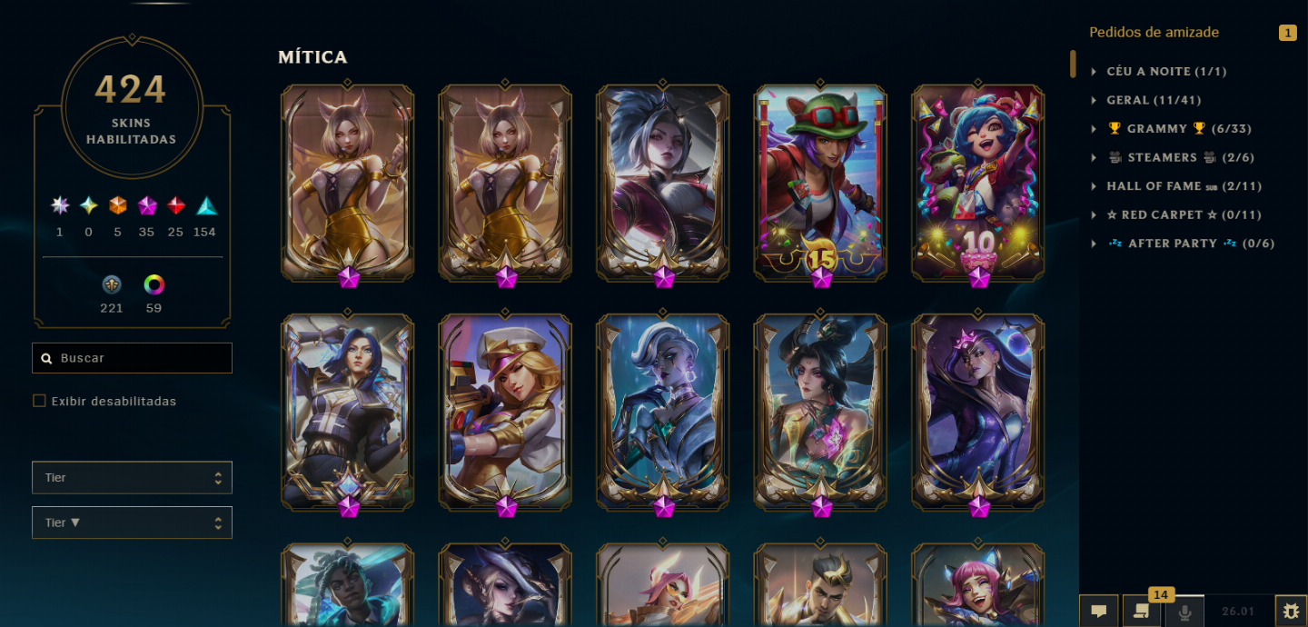 Conta do LOL com 34 Skins de Prestígio