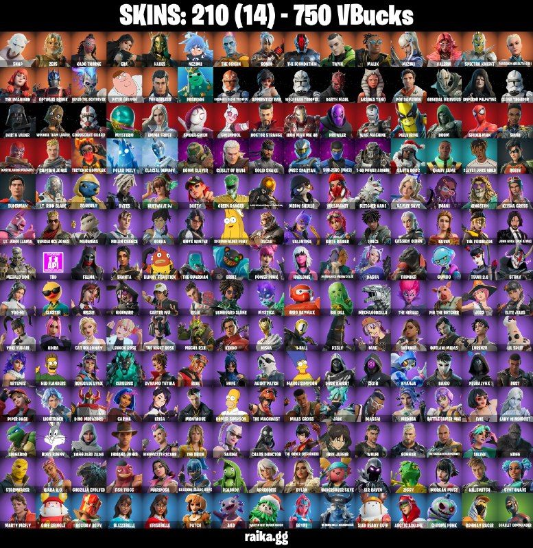 210 Skins - Emma Frost, Doom Slayer, Solid Snake, Geralt Of Rivia, 750 vbucks