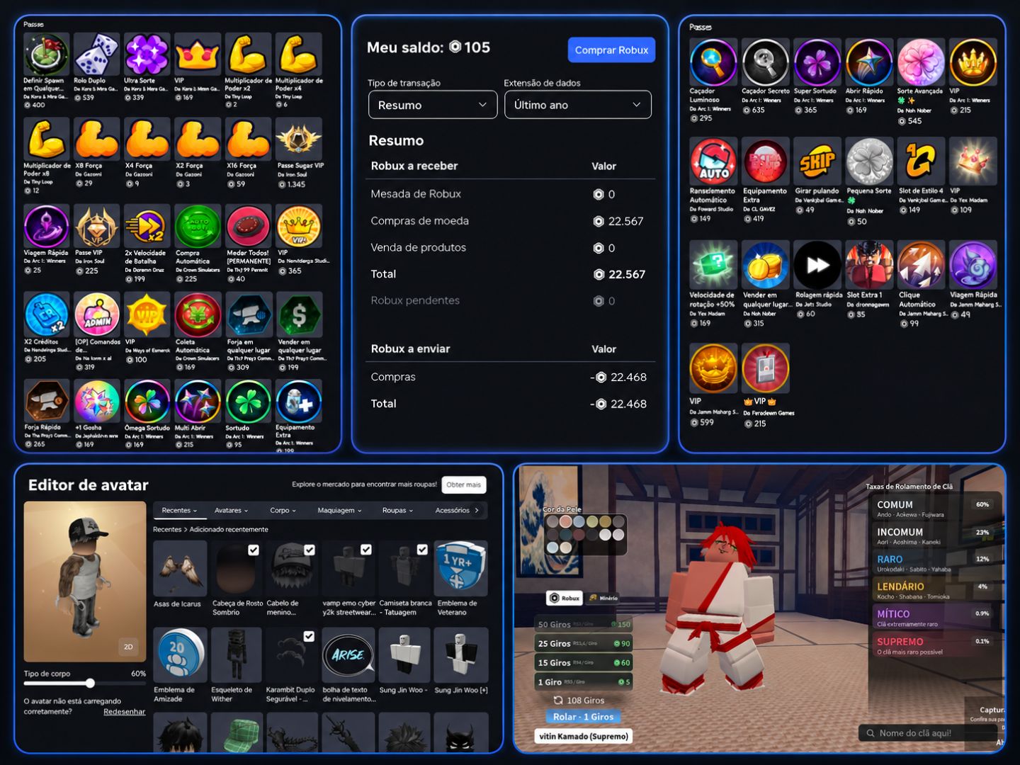 CONTA ROBLOX COM +20MIL ROBUX GASTOS EM PASSES E SKINS + ITENS RAROS EM JOGOS