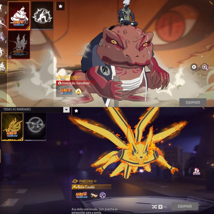 Conta free fire C Naruto, Kakashi, Jiraya, Sakura, Hinata e Asa Delta Nove Cauda