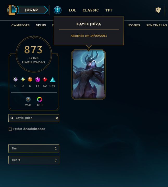 Conta Lol de 2011 com Kayle Juiza / 873 Skins / Nivel 497 / 321 Icones