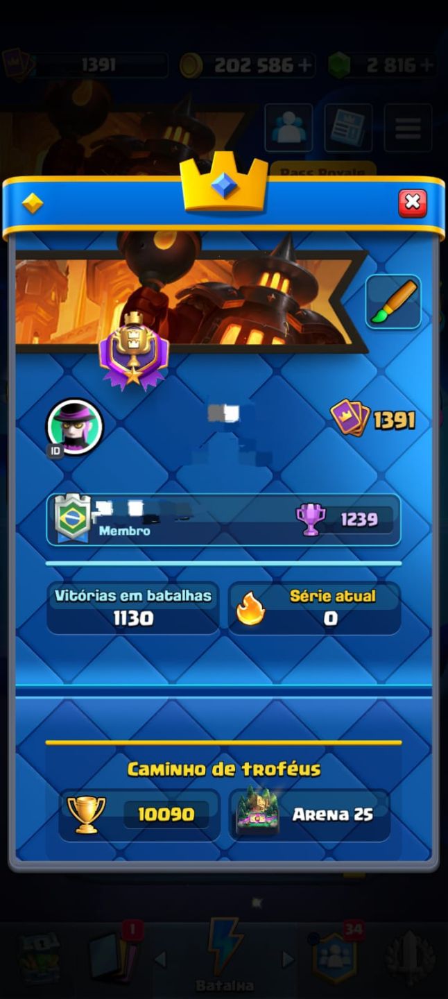 Conta Clash Royale com 10.090 troféus, cartas e itens raros