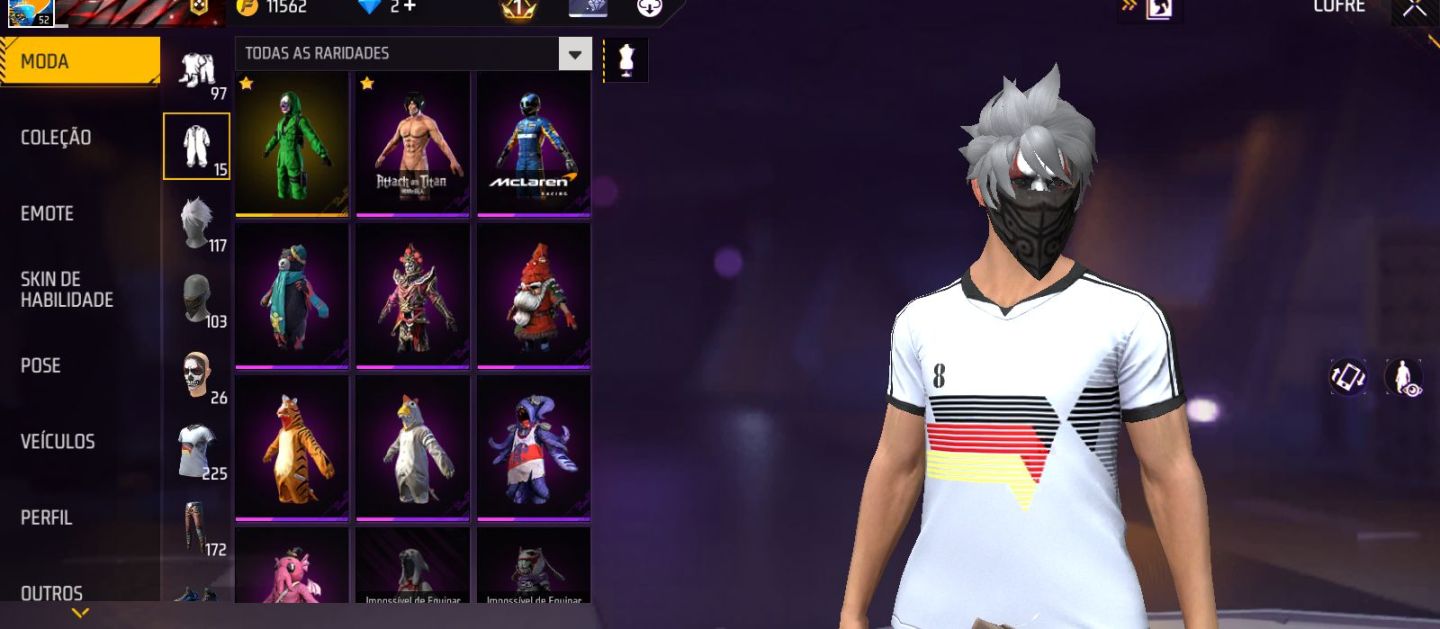 Conta de free fire com sombra roxa, aventureiro, coelhao e muita coisa antiga
