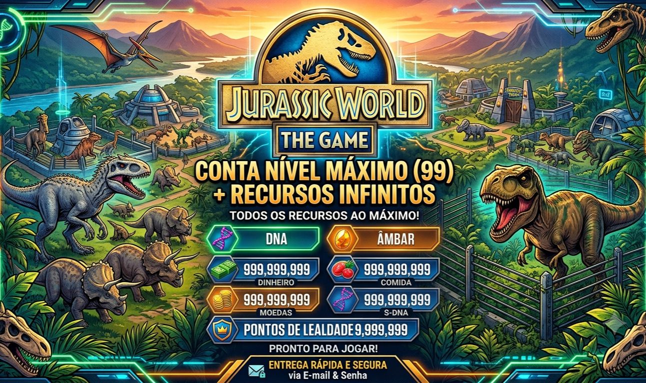 CONTAS JURASSIC WORLD THE GAME RECURSOS FULL + LVL MAX