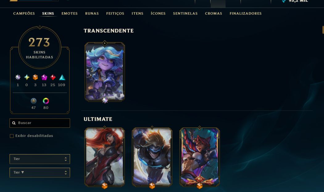 Conta com +5k gastos, 273 skins, todos campeoes. (Skins de tfte valorant tbm)