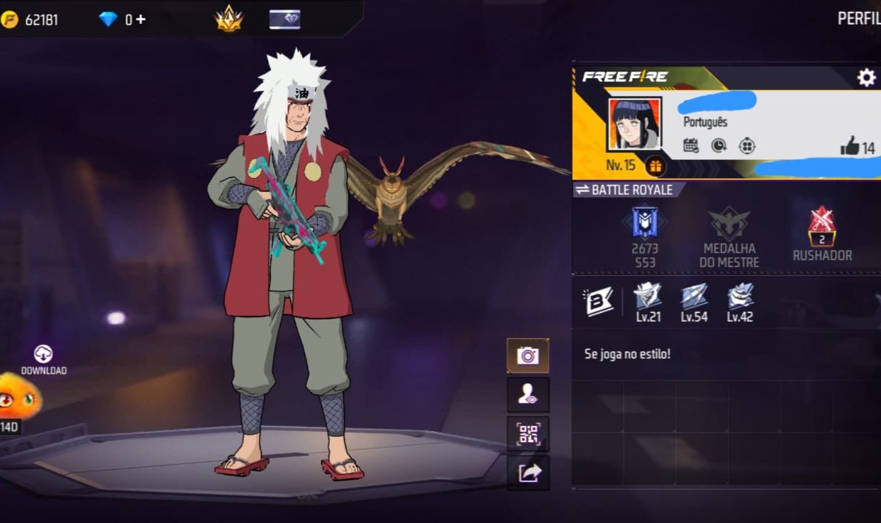 CONTA DE FREE FIRE COM CONJUNTO JIRAIYA | MP5 TRETA SOMBRIA | 2 PAREDE DE GEL