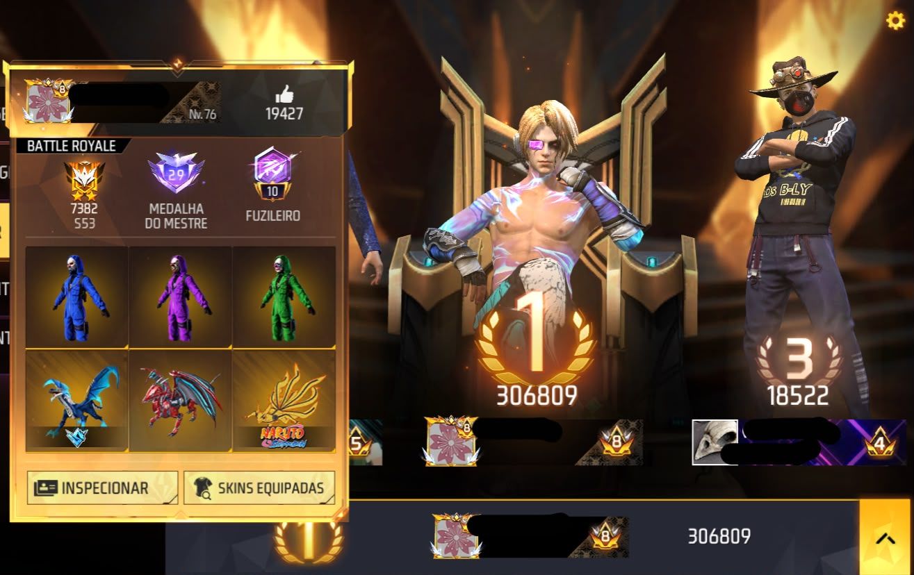 Conta Free Fire Gemada com 7 Angelicais, 10 Evolutivas, Prime 8, 900+ Peitorais