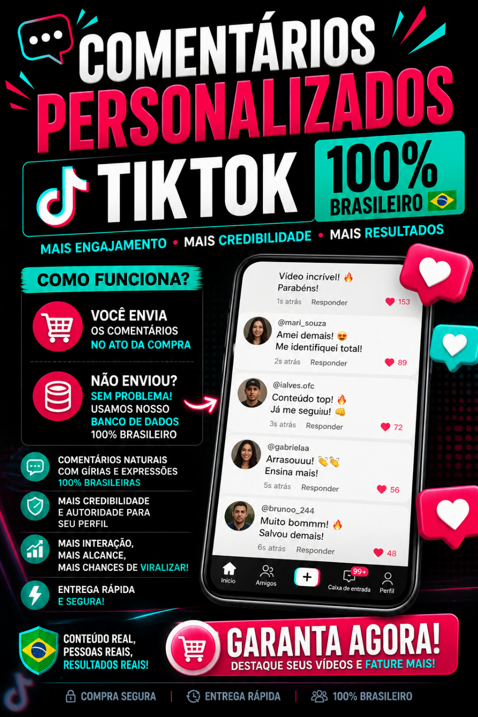 Comentários Personalizados Para Tiktok 100% BR (7 dias de garantia reposição)