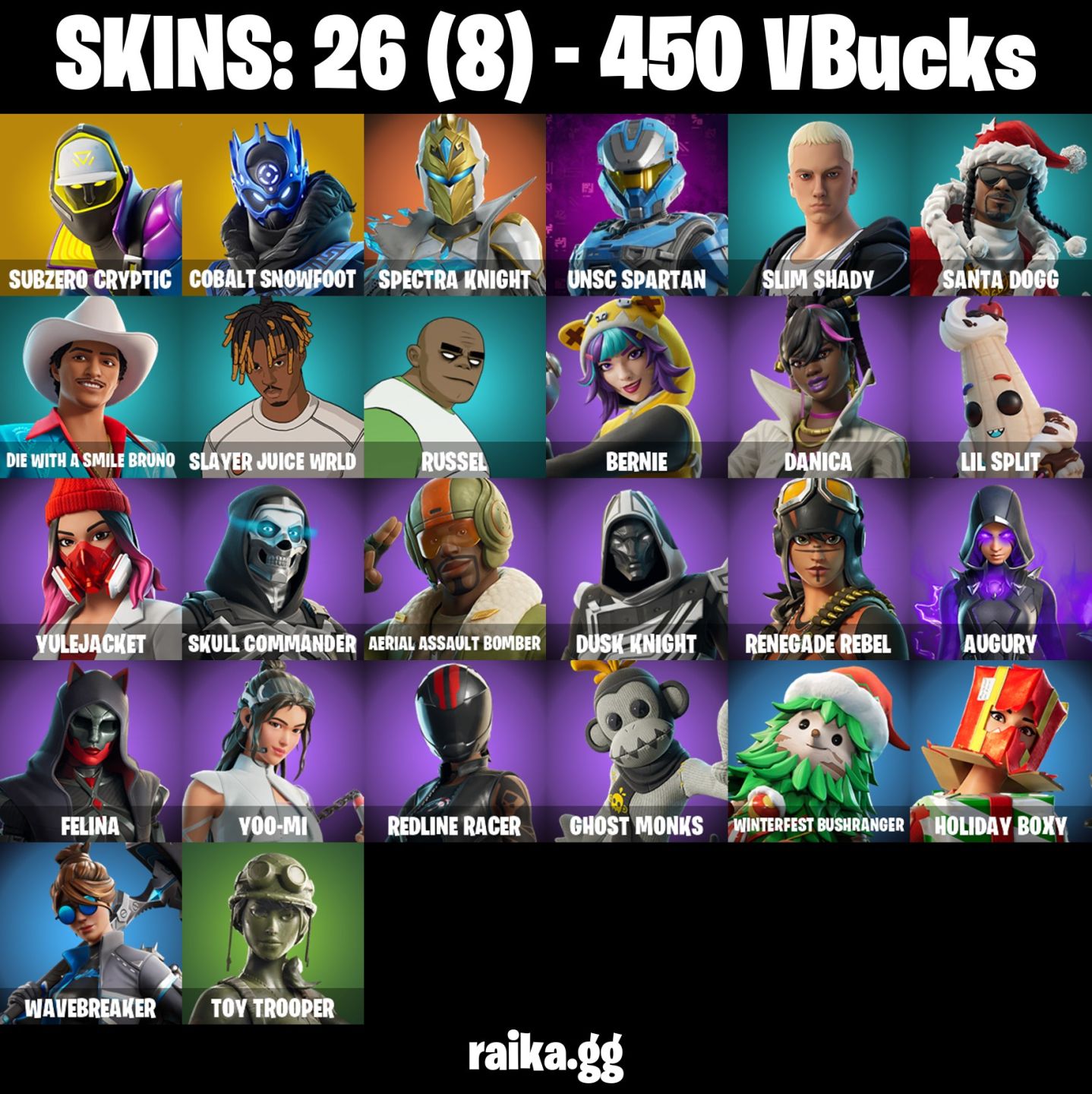 26 Skins - subzero cryptic, cobalt snowfoot, santa dogg, 450 vbucks