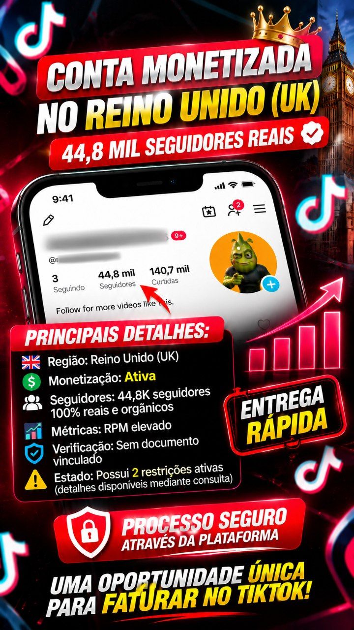 Conta do TikTok Monetizada no Reino Unido com 44,8K Seguidores Reais