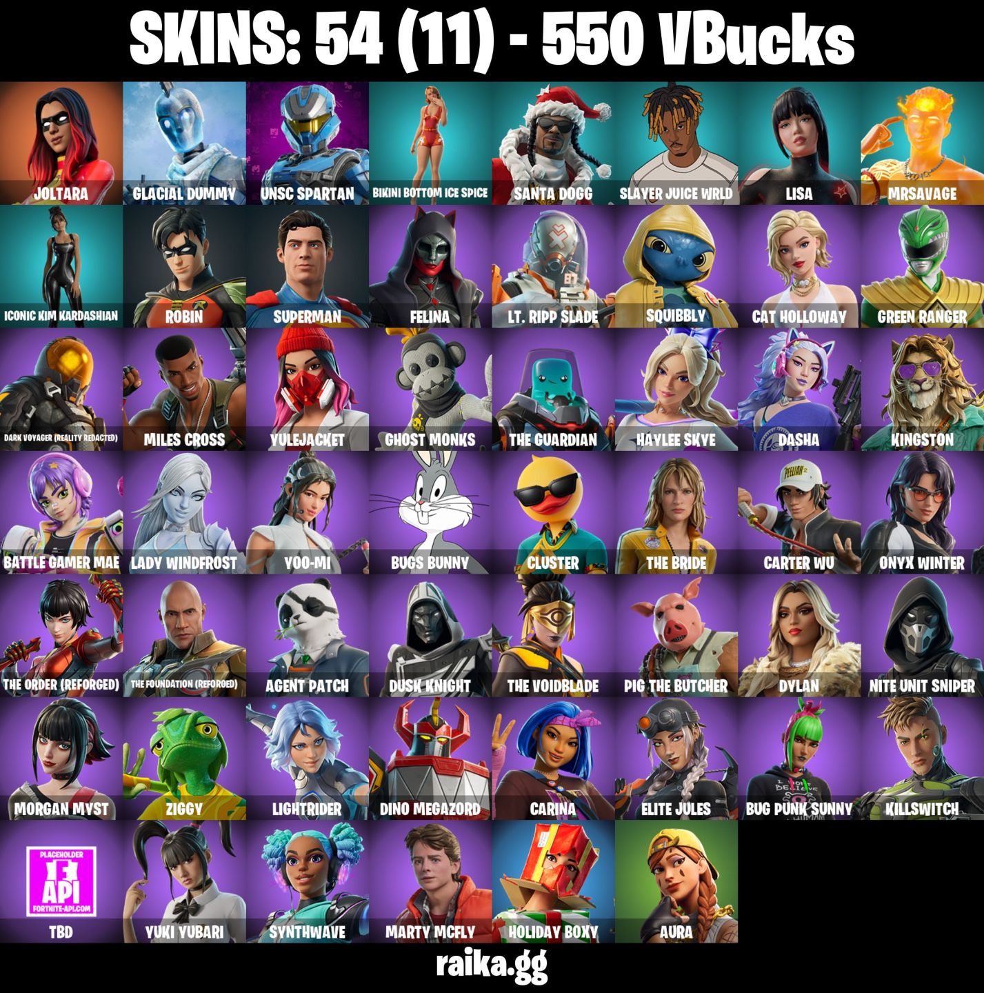 54 Skins - Superman, Unsc Spartan, Glacial Dummy, Santa Dogg, 550 vbucks
