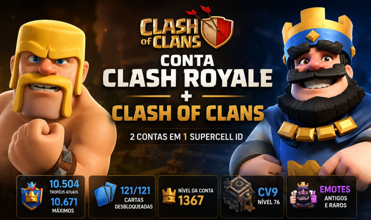 Clash Royale 10.5K + COC CV9 Nível 76 | Emotes Raros | Cartas upadas