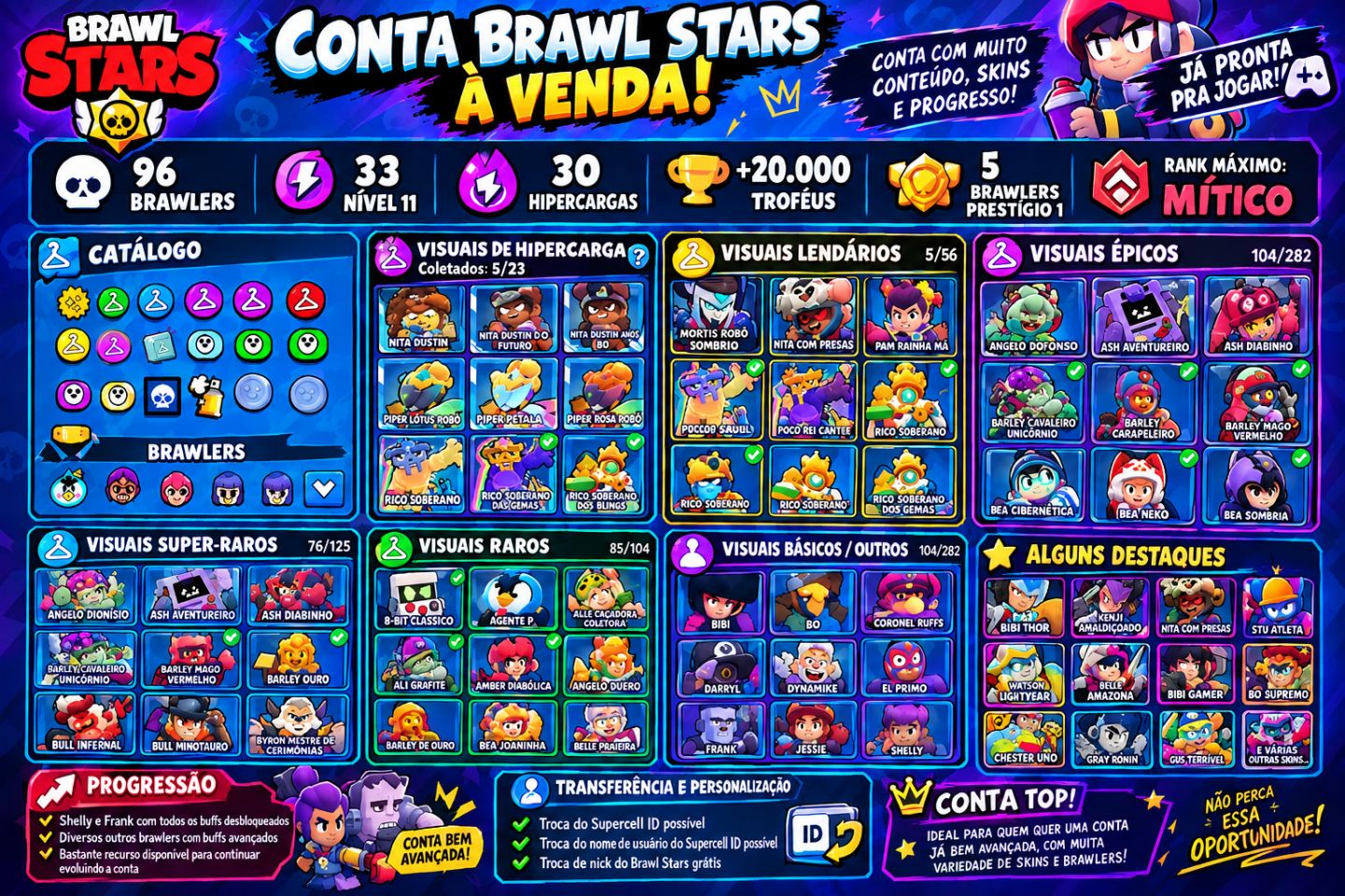 CONTAS DE BRAWL STARS DIVERSOS ITENS SKINS E BRAWLERS!