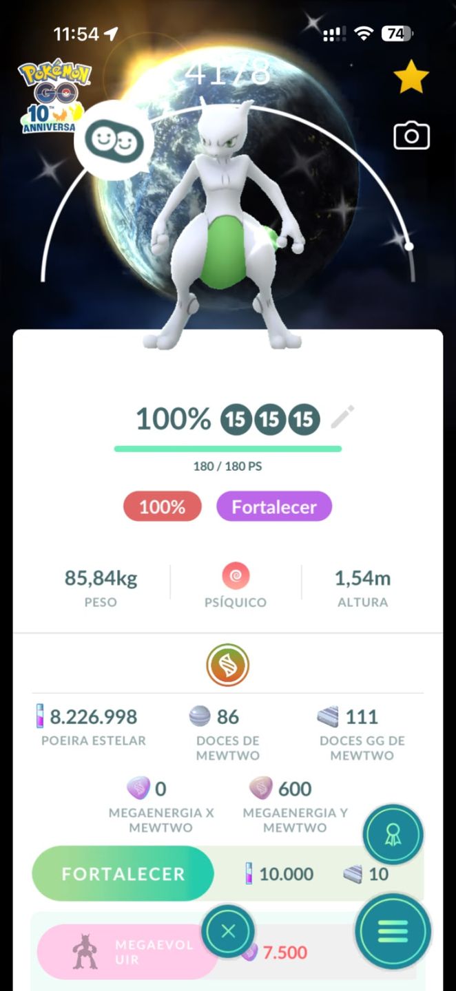 Conta de Pokemon GO, 2016, LVL 72, focada em pvp, mewtwo shiny 100% com fundo.