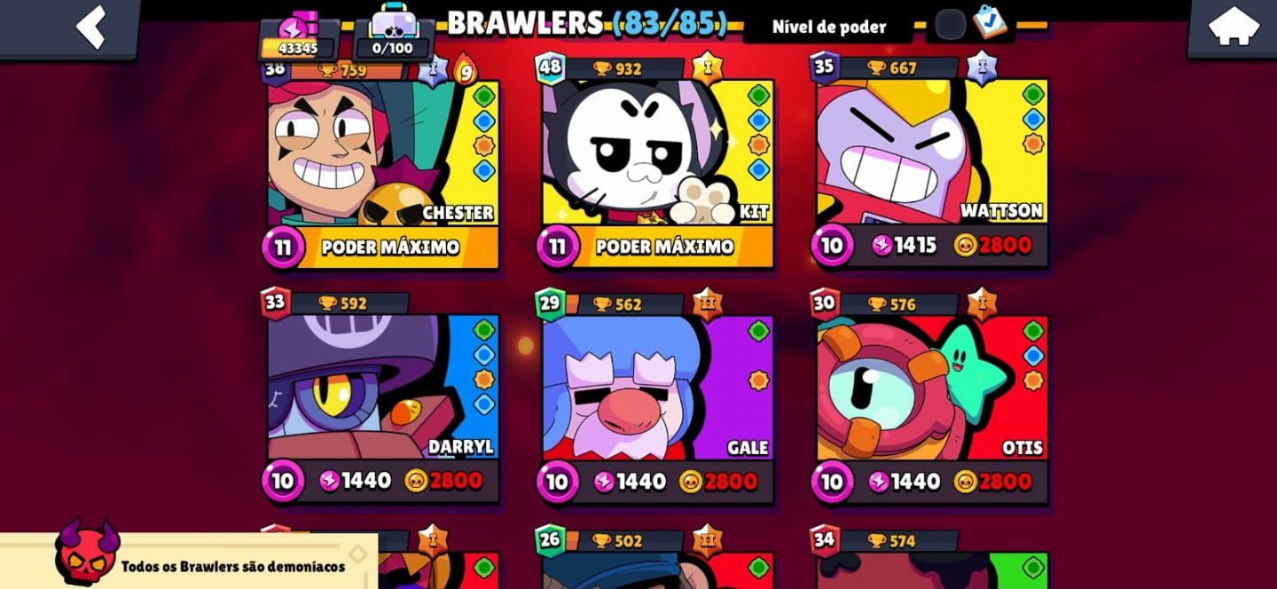 CONTA BRAWL STARS 83/85 BRAWLERS, 43K TROFÉUS, ANTIGA (2018), MUITA SKIN.
