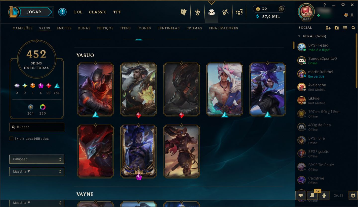 Conta de LOL diamante em todas as Filas com mais de 400 Skins e todos os champs