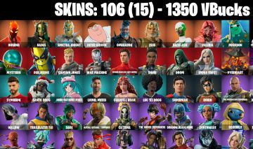 106 Skins - war machine, emma frost, doom, santa dogg, 1350 vbucks