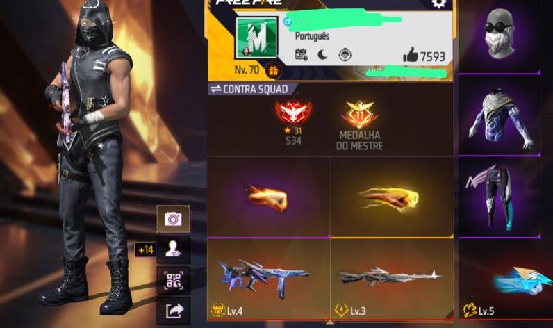 Conta de Free Fire rara com vários itens e parceria
