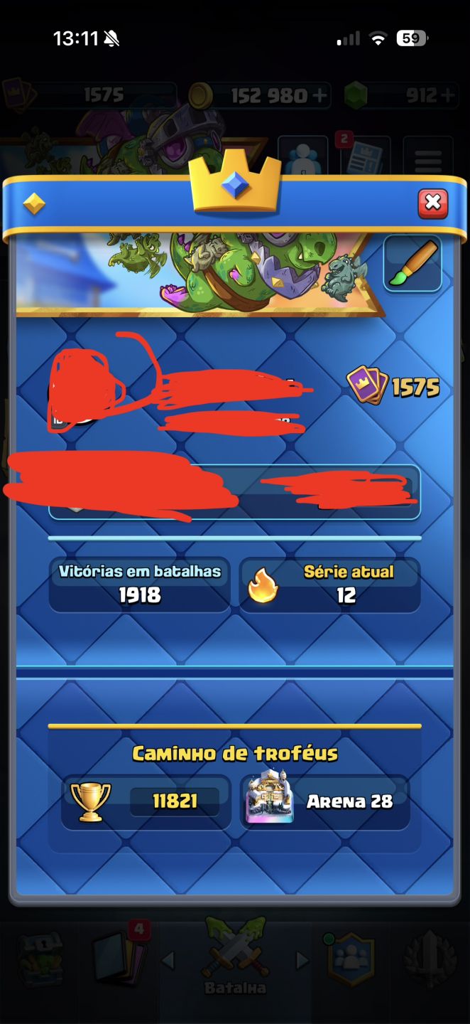 CONTA CLASH ROYALE 11821 Troféus, CORREDOR NVL 16 POSSUI TODAS AS CARTAS