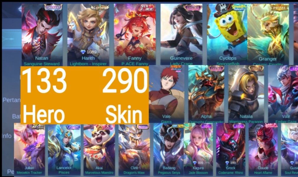 CONTA MLBB FA | 290 SKINS | GRANGER PRIME | VALE GAARA | 133 HERÓIS