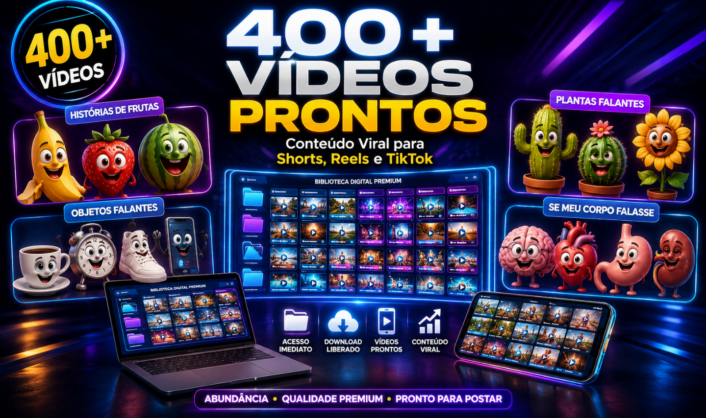 Pack 400+ Vídeos Animados IA Histórias de Frutas, Objetos e Órgãos 3D