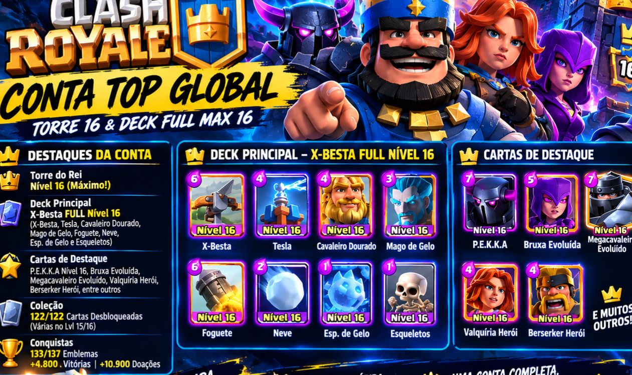 CONTA TOP GLOBAL 14K+ TROFÉUS: NÍVEL MÁXIMO NO CLASH ROYALE!