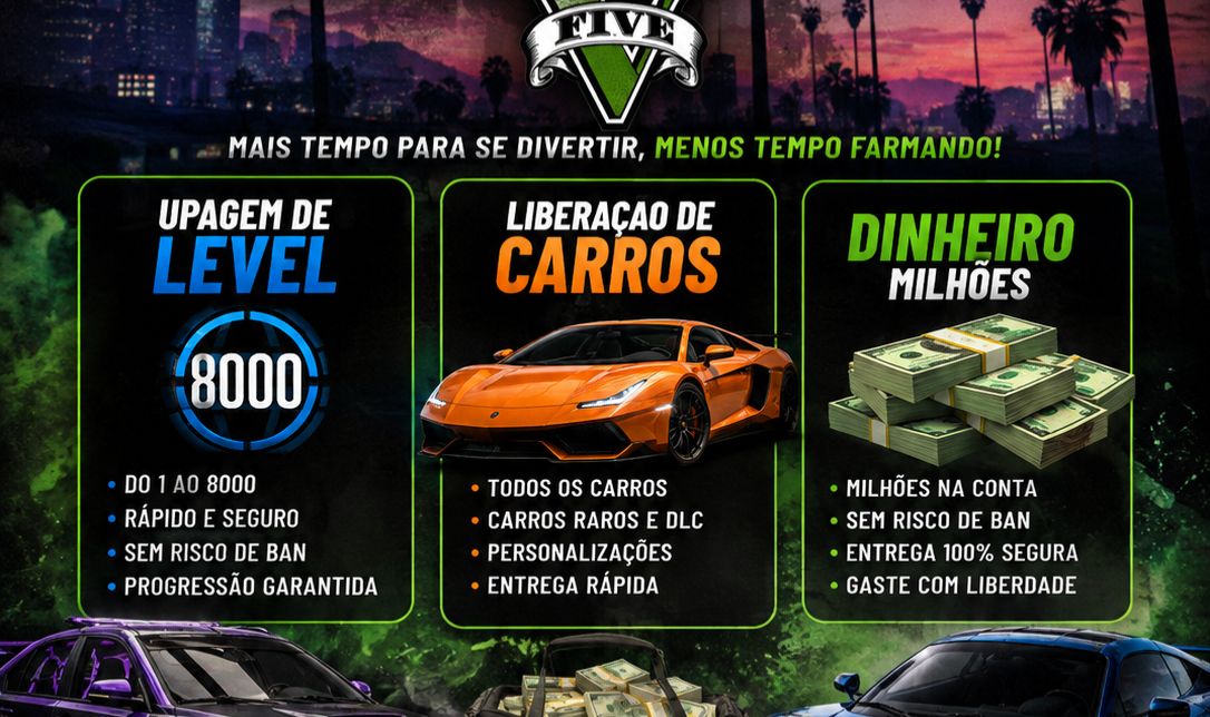 Upagem GTA v online level, dinheiro, carros, e todas as conquistas.
