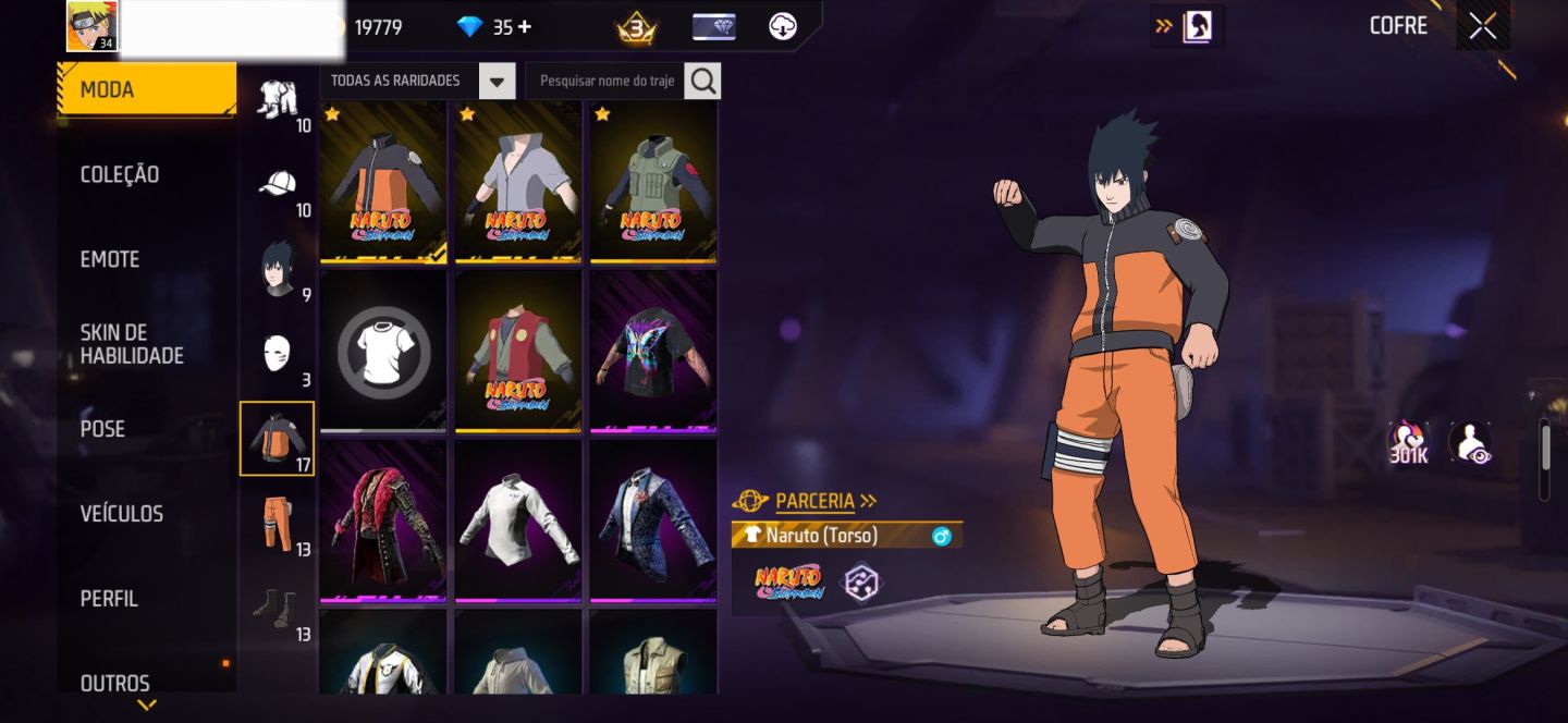 CONTA FF COM SKINS DA PARCERIA NARUTO + 2 EVO