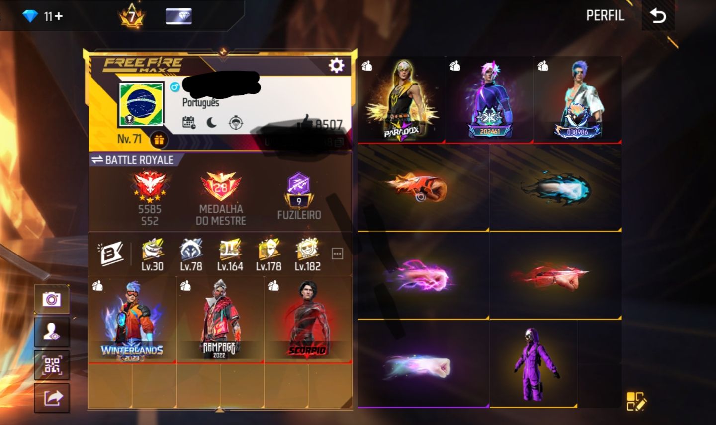 Conta de Free fire gemado com vários passes boayah