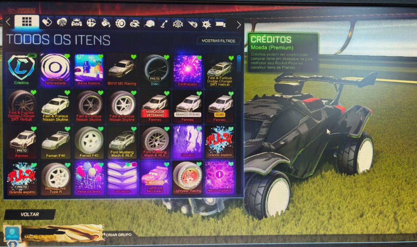 CONTA ROCKET LEAGUE COM MCQUEEN, F40, SKYLINE, EXPLOSAO DO BOB ESPONJA