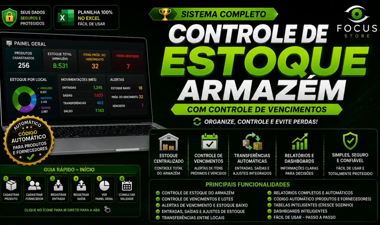 Planilha Excel Controle de Estoque Automática com Validade e Dashboard