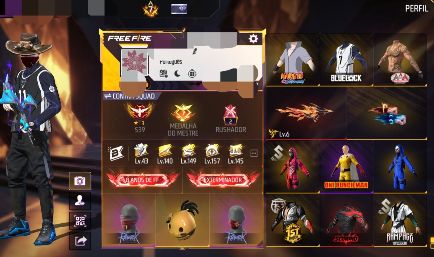CONTA FREE FIRE VETERANA: PASSES 4 AO 9+ FULL RAGNAROK + PRIME 7