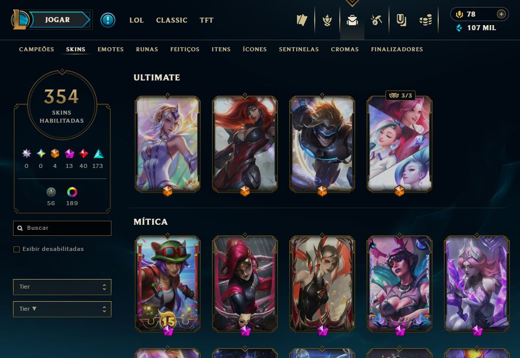 Conta LOL - 354 skins - +140 campeões habilitados- Full acesso - 107k EA - 74 Rp