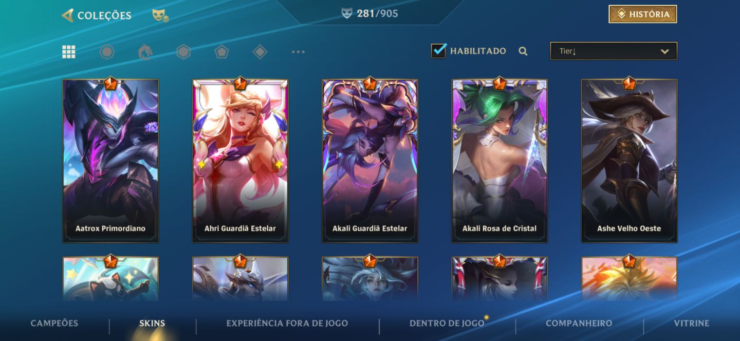 CONTA WILD RIFT COM 281 Skins, Challenger uma vez e tem 344 moedas laranjas