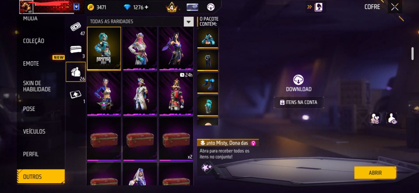 CONTA FREE FIRE NÍVEL 68 | 1.276 DIAMANTES | 400 CAMISAS | LOGIN VK + EMAIL
