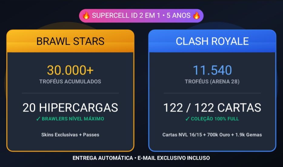 SUPERCELL ID: BRAWL STARS 30K (20 HIPER) + CLASH ROYALE 11.5K FULL CARTAS