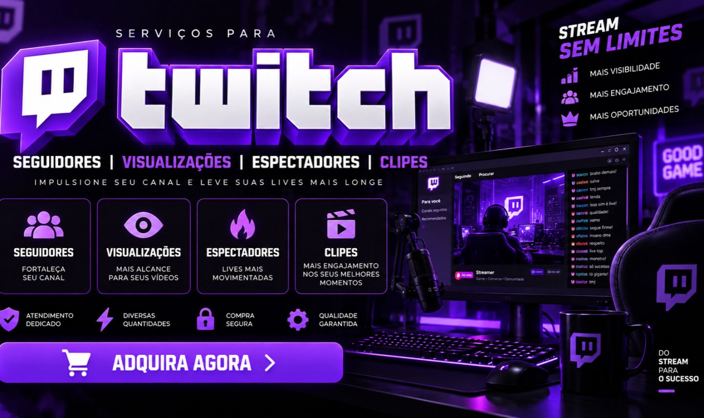 Twitch | Seguidores + Visualizações + Espectadores em Live | Premium