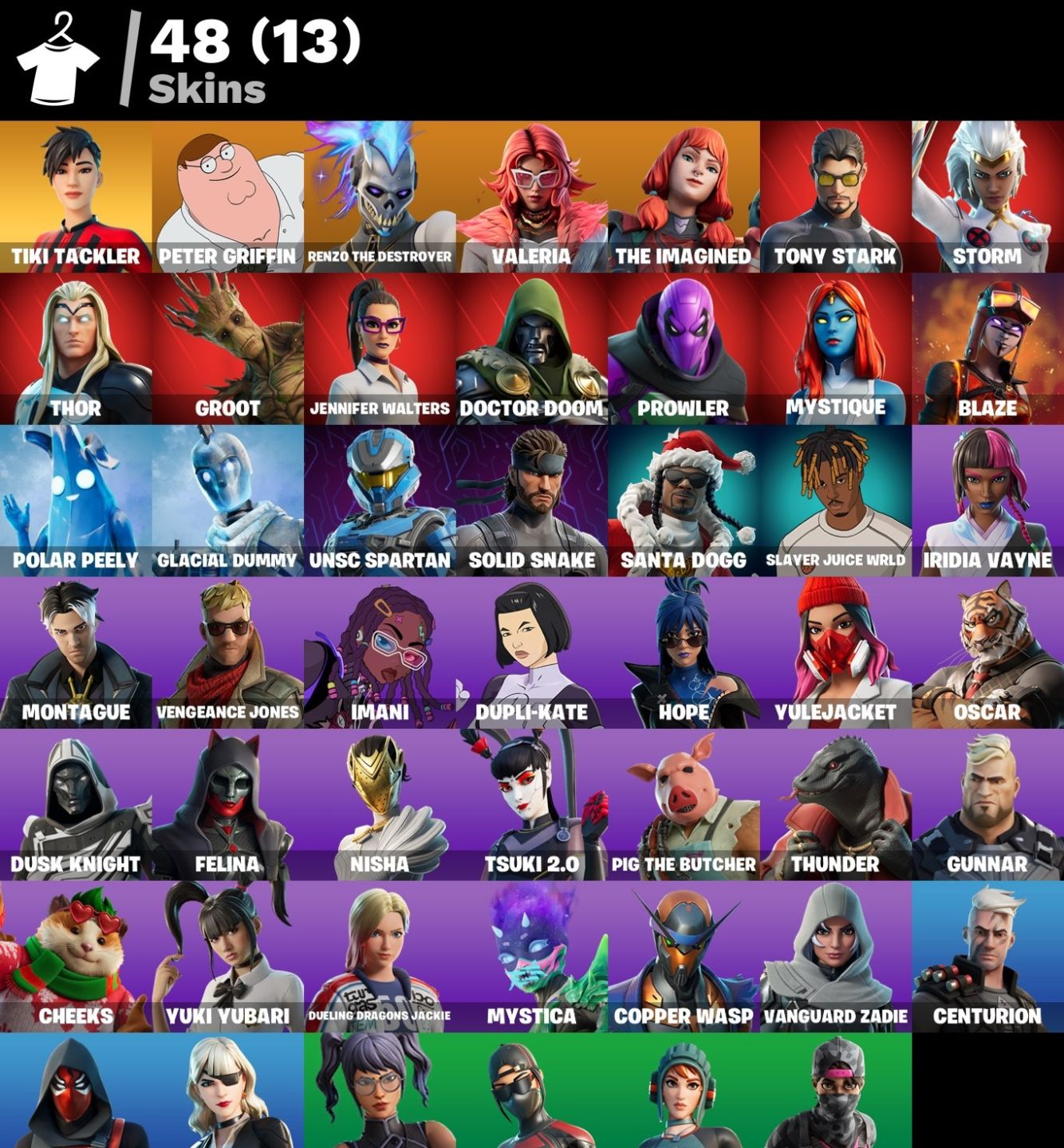 Conta Fortnite 48 SKINS / TIKI TRACKLER / MYSTIQUE/TEMPESTADE/TEMPESTADE/PETER G