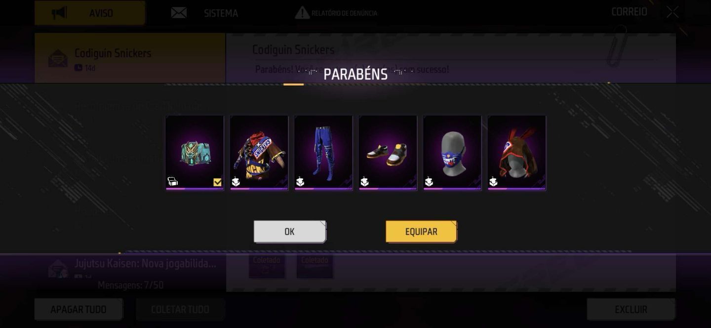 FREE FIRE - Codiguin snickers + 1 Caixa (ENTREGA AUTOMÁTICA) CODIGO SNICKERS