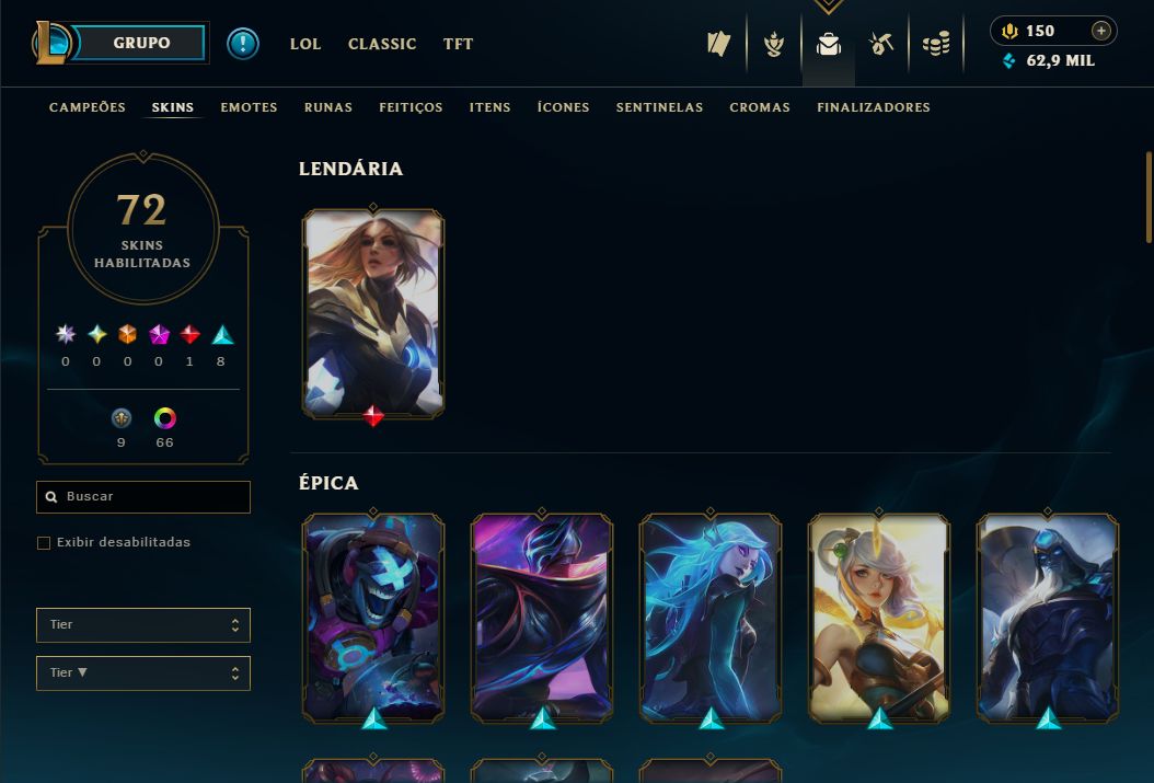 Conta grão mestre 1500 pontos ex grão mestre, level 170 com varias skins