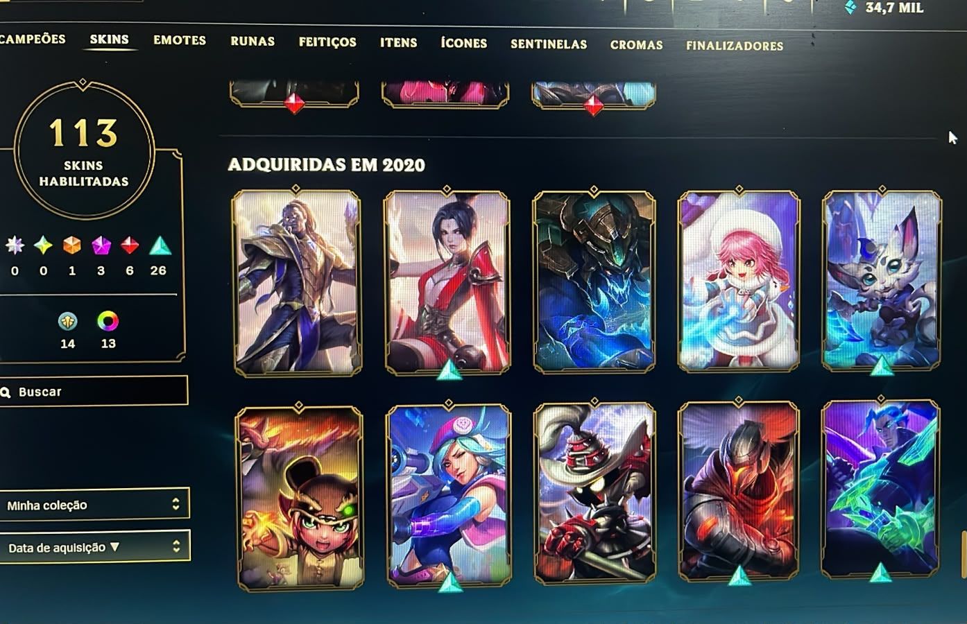Conta no LoL, Esmeralda I, Todos os campeões, 113 skins, nivel 274.