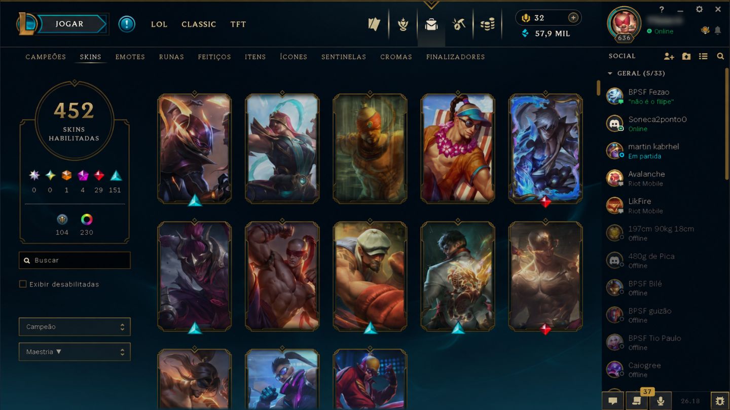 Conta de LOL diamante em todas as Filas com mais de 400 Skins e todos os champs