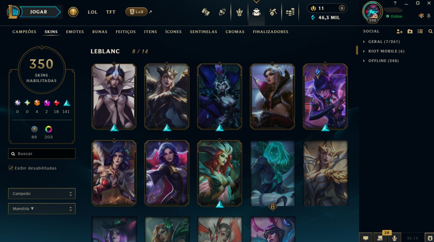 CONTA DE 2015 - 350 SKINS / MMR ESMERALDA I / 203 CROMAS / HONRA 5 /