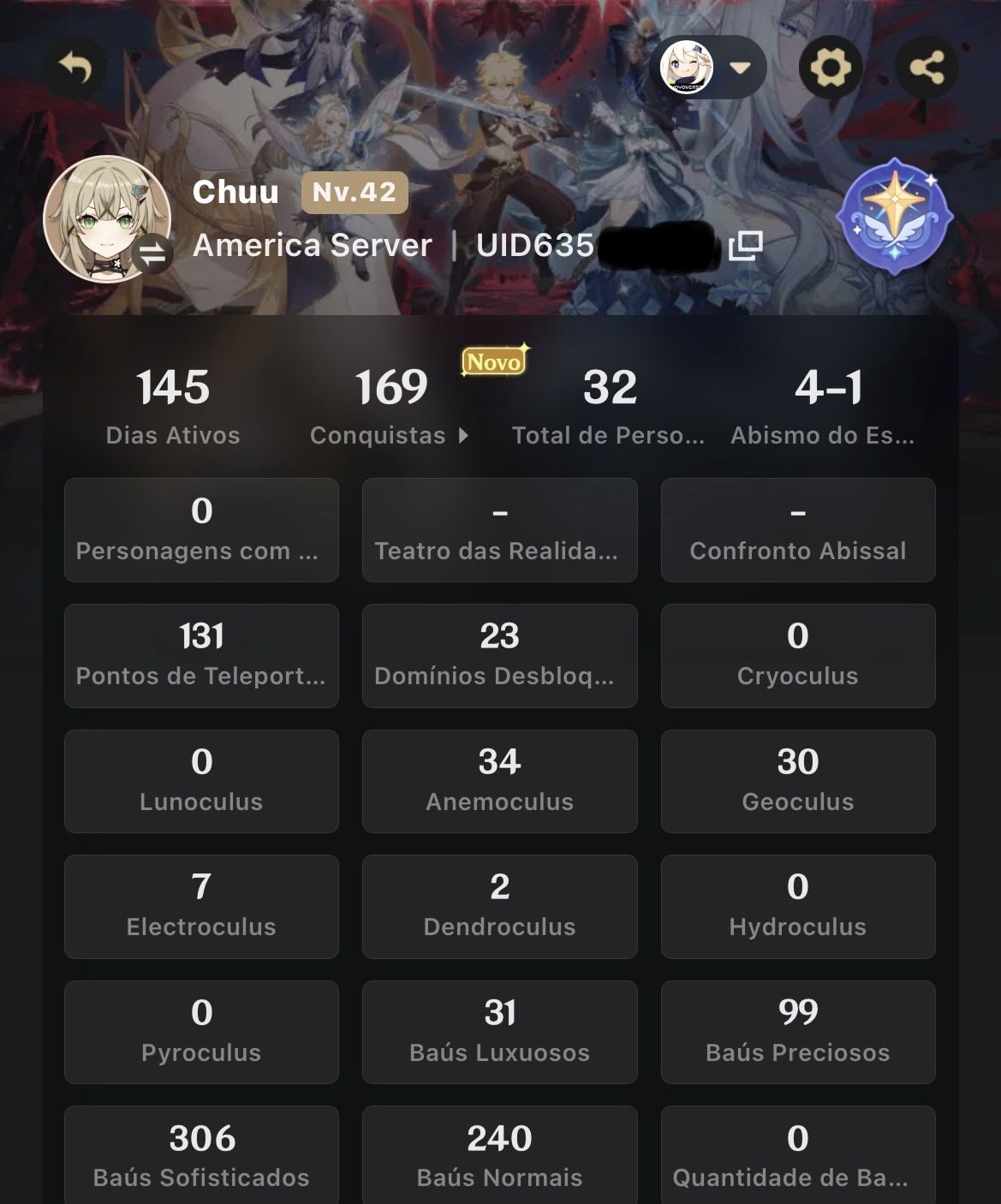 Conta de Genshin AR42 + HUTAO + KAZUHA + ZHONGLI + MIZUKI
