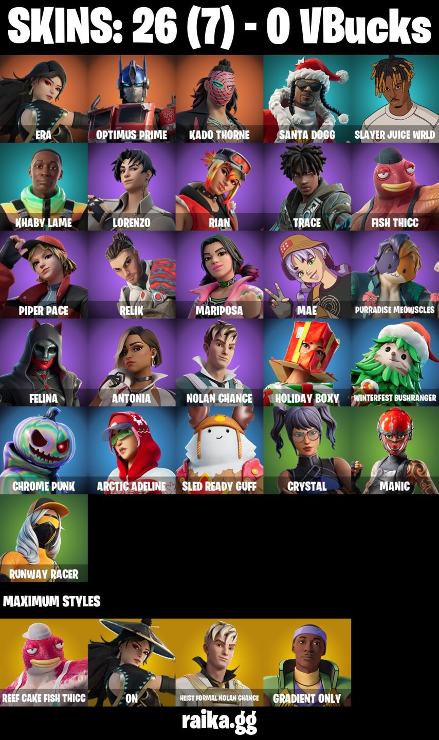 CONTA FORTNITE COM 26 SKINS ERA/OPTIMUS PRIME/KADO THORNE/TRACE/MAE/RELIK