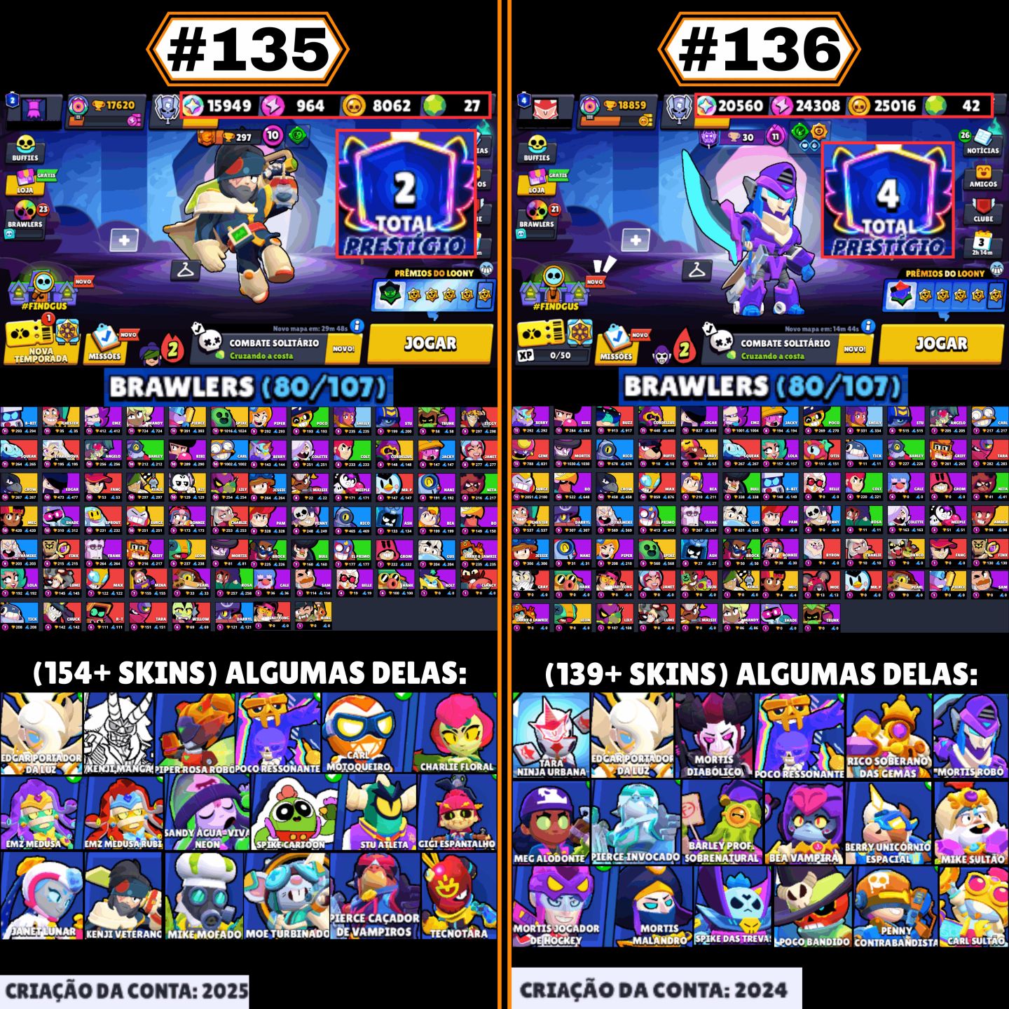 CONTAS BRAWL STARS | LENDÁRIOS, HIPERCARGAS, SKINS RARAS, P11, GEMAS, TROFÉUS